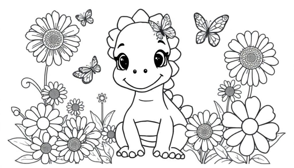 Schwarz-weiße Farbtafel: Süßer Cartoon-Dinosaurier sitzt inmitten von Gänseblümchen mit einem Schmetterling auf dem Kopf.