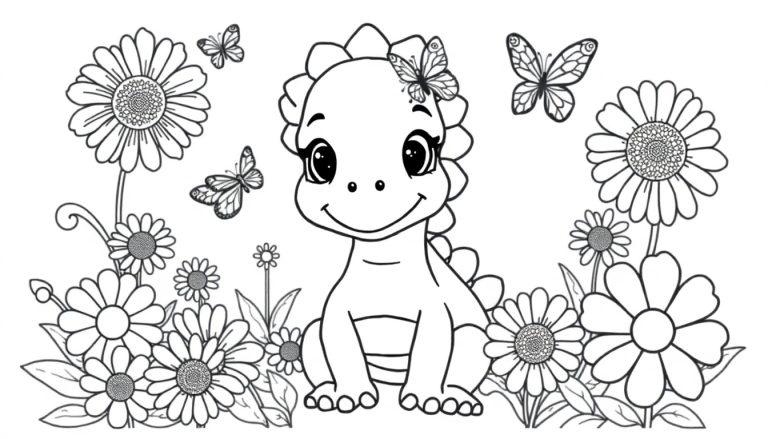 Schwarz-weiße Farbtafel: Süßer Cartoon-Dinosaurier sitzt inmitten von Gänseblümchen mit einem Schmetterling auf dem Kopf.