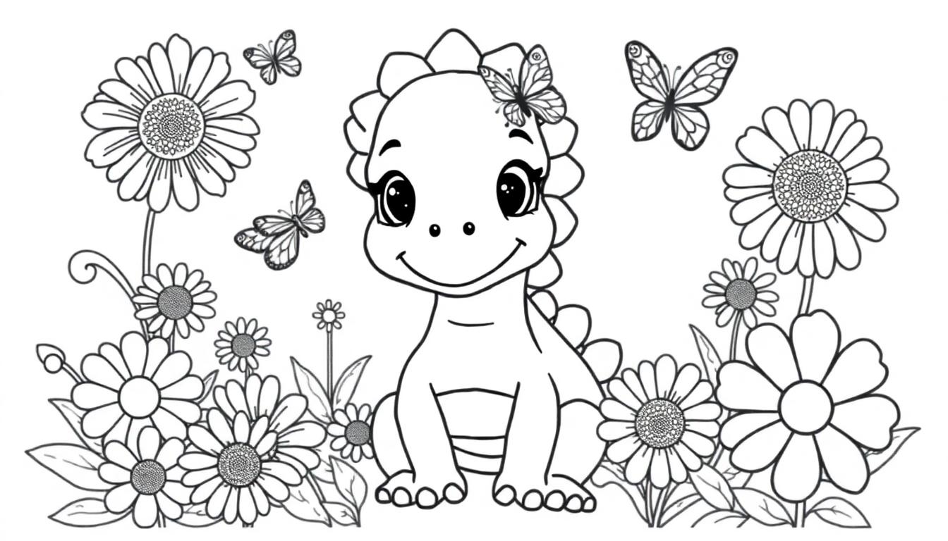 Schwarz-weiße Farbtafel: Süßer Cartoon-Dinosaurier sitzt inmitten von Gänseblümchen mit einem Schmetterling auf dem Kopf.