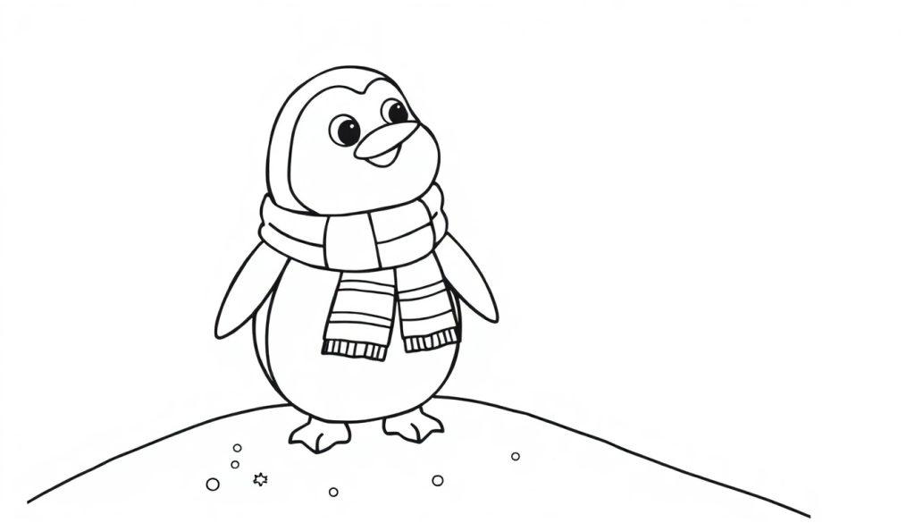 Schwarz-weiß Farbtafel-Zeichnung eines fröhlichen kleinen Pinguins mit einem gestreiften Schal, der auf einem verschneiten Hügel steht.