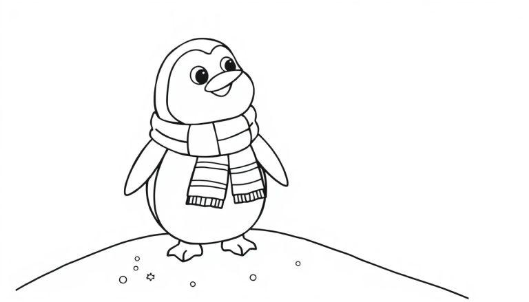 Schwarz-weiß Farbtafel-Zeichnung eines fröhlichen kleinen Pinguins mit einem gestreiften Schal, der auf einem verschneiten Hügel steht.