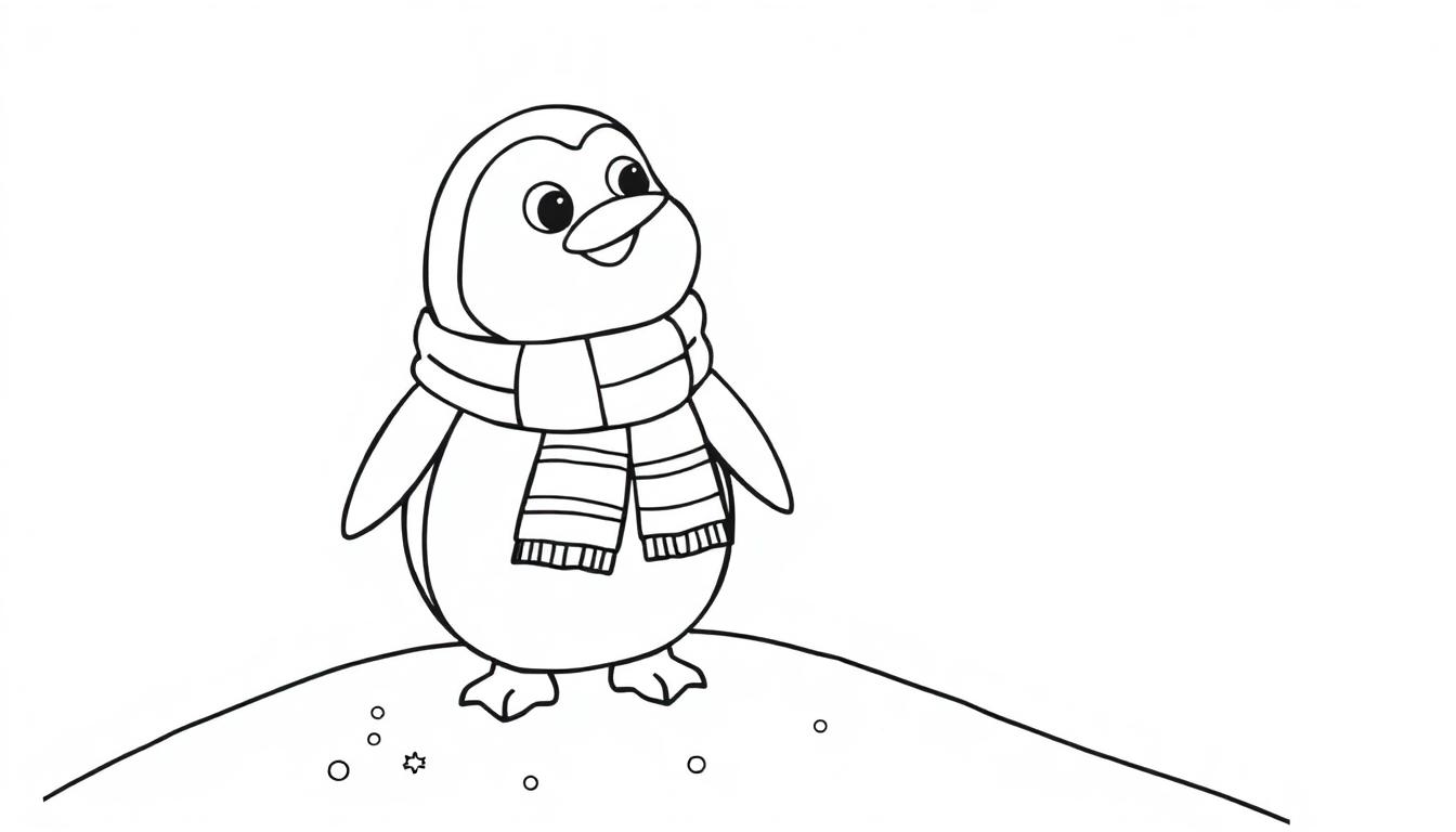 Schwarz-weiß Farbtafel-Zeichnung eines fröhlichen kleinen Pinguins mit einem gestreiften Schal, der auf einem verschneiten Hügel steht.