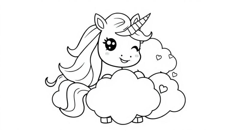 Ein niedliches Kawaii-Einhorn versteckt sich hinter einer großen, flauschigen Wolke, bereit zum Ausmalen als Farbtafel.