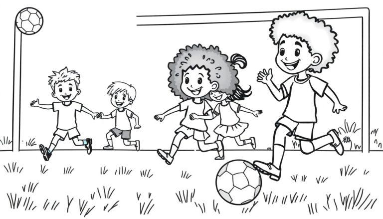 Schwarz-weiße Farbtafel-Illustration von Kindern, die Fußball spielen.