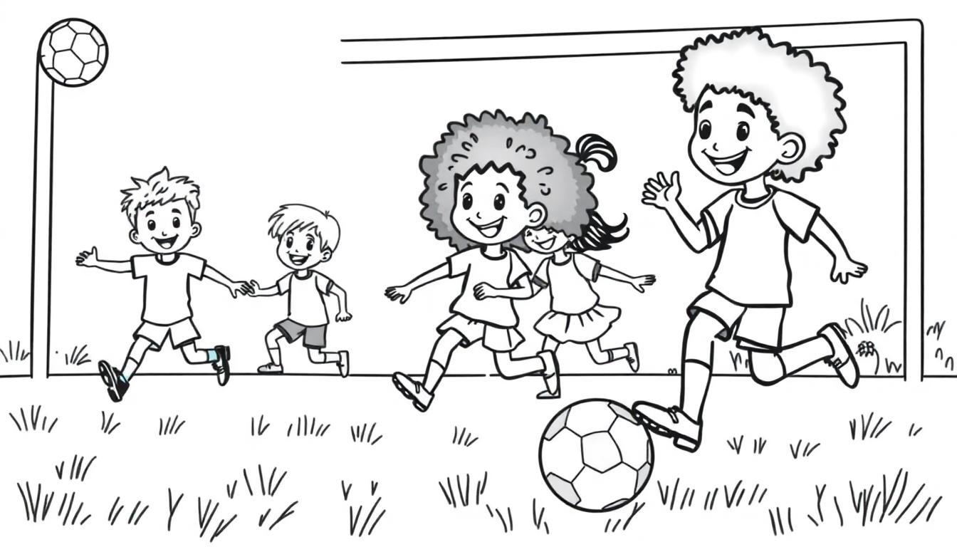 Schwarz-weiße Farbtafel-Illustration von Kindern, die Fußball spielen.