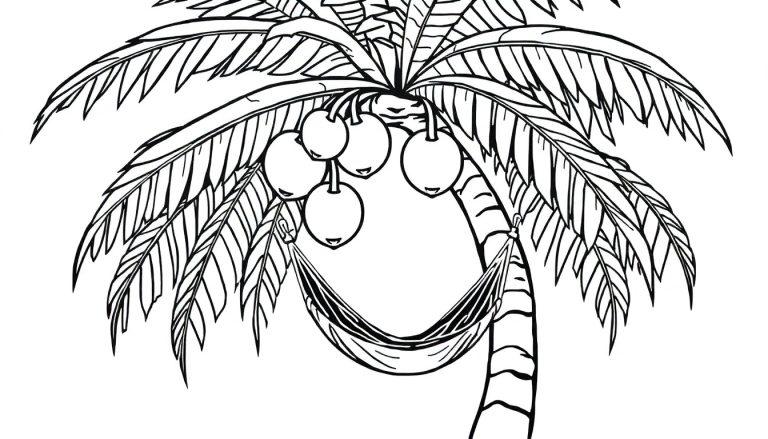 Eine niedliche Palme mit Kokosnüssen und einer Hängematte, bereit zum Ausmalen. Schwarz und weiß. Farbtafel.