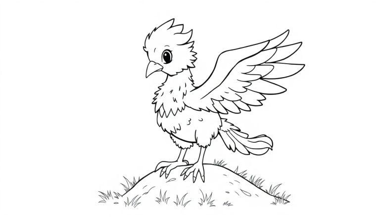 Schwarz-Weiß-Farbtafel eines cartoonartigen Vogels mit buschiger Brust und gefiedertem Kopf, der auf einem kleinen, grasbewachsenen Hügel steht und die Flügel ausgebreitet hat.