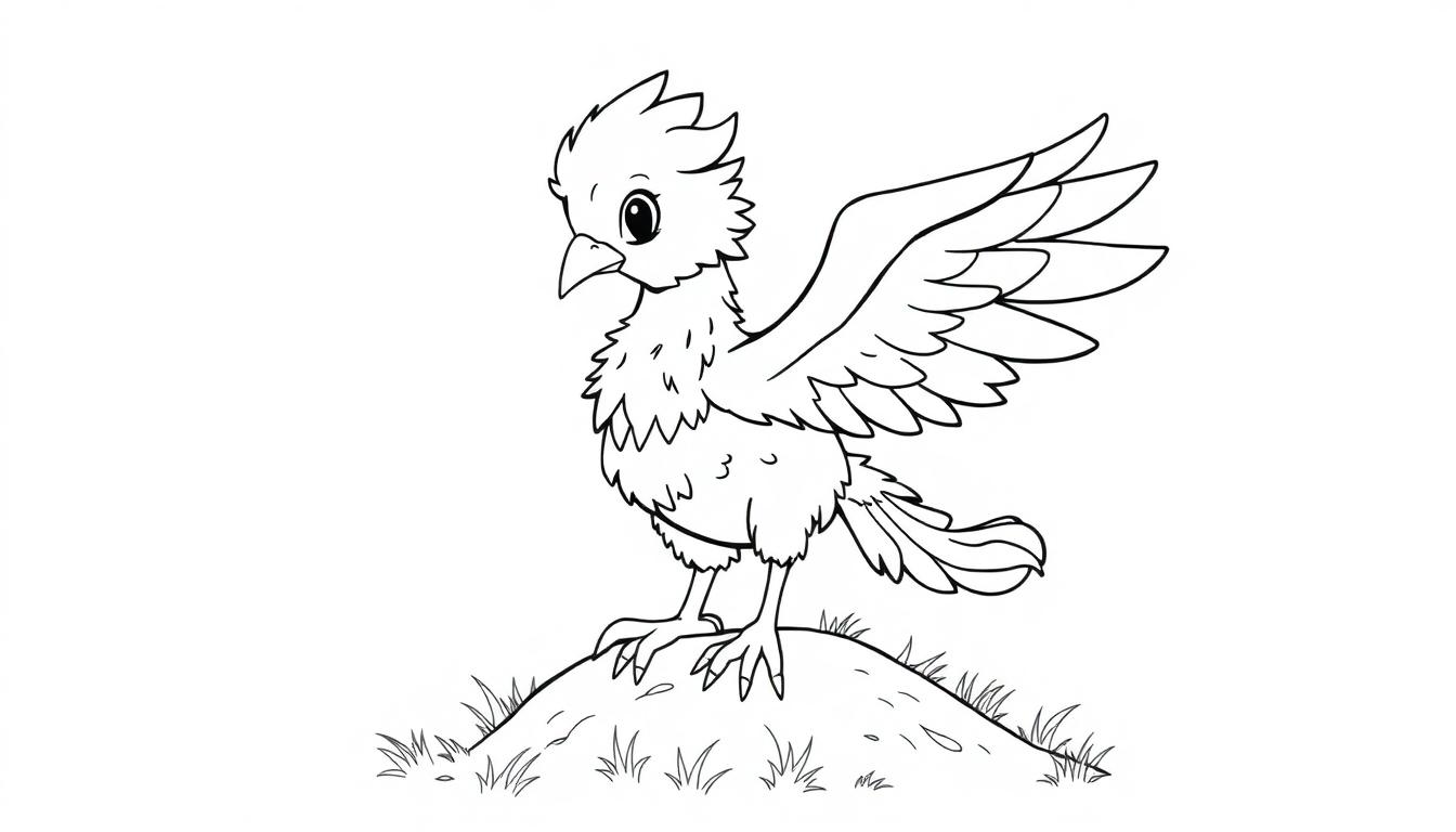 Schwarz-Weiß-Farbtafel eines cartoonartigen Vogels mit buschiger Brust und gefiedertem Kopf, der auf einem kleinen, grasbewachsenen Hügel steht und die Flügel ausgebreitet hat.