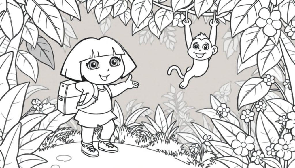 Dora und Boots im Dschungel – eine Farbtafel zum Ausmalen.