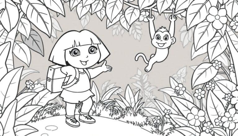Dora und Boots im Dschungel – eine Farbtafel zum Ausmalen.