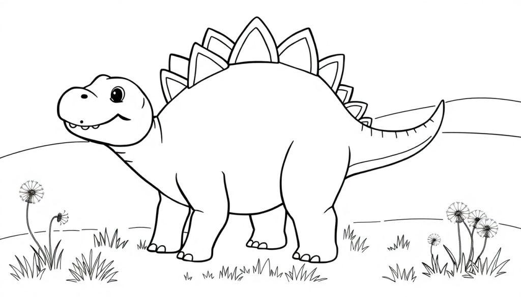 Eine Schwarz-Weiß-Farbtafel eines freundlichen Stegosaurus auf einer Rasenfläche mit Hügeln im Hintergrund.