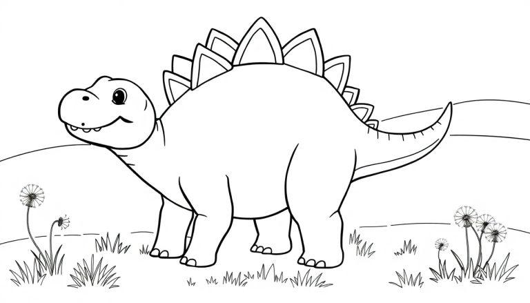 Eine Schwarz-Weiß-Farbtafel eines freundlichen Stegosaurus auf einer Rasenfläche mit Hügeln im Hintergrund.