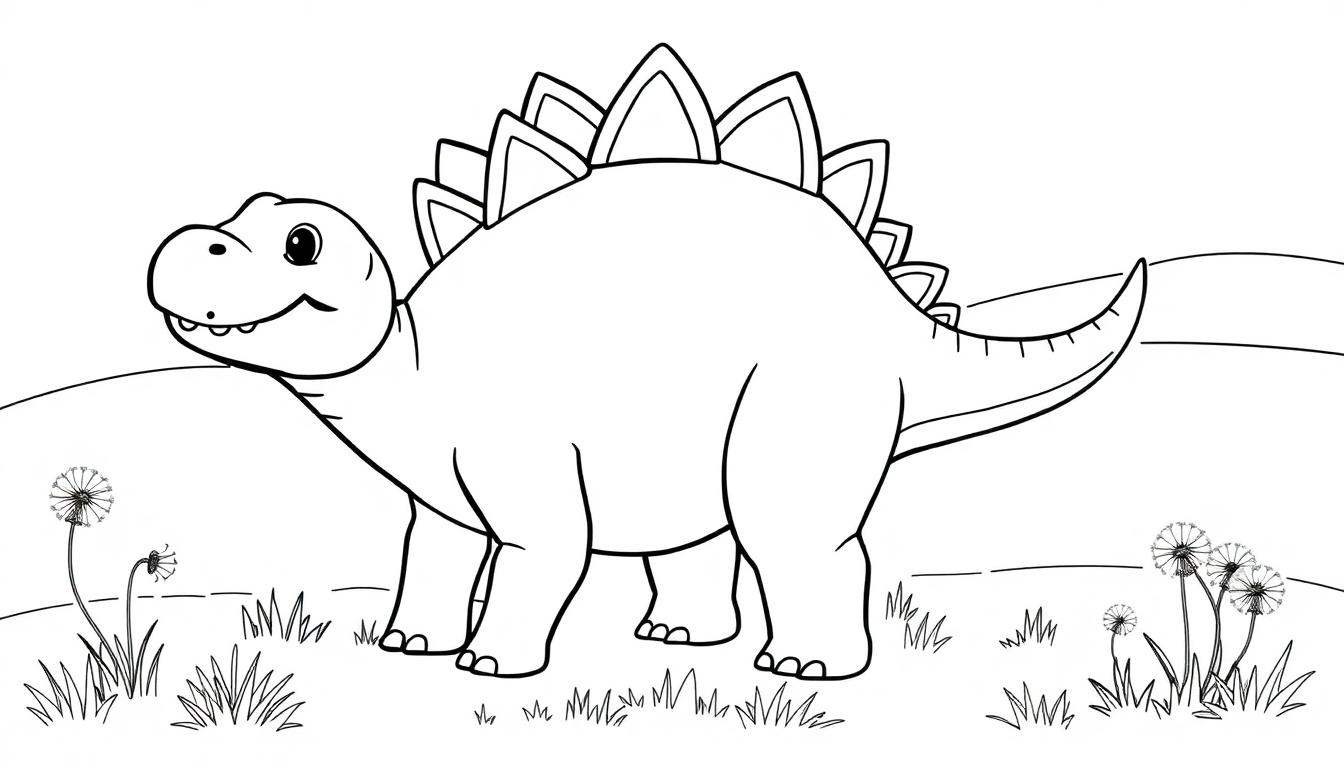 Eine Schwarz-Weiß-Farbtafel eines freundlichen Stegosaurus auf einer Rasenfläche mit Hügeln im Hintergrund.