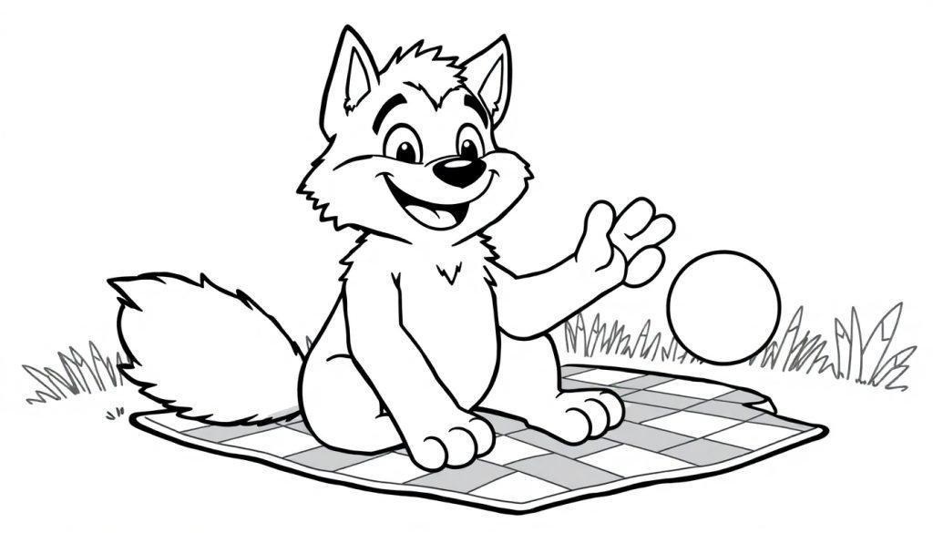 Ein freundlicher Wolf im Schwarz-Weiß-Stil spielt mit einem Ball auf einer karierten Decke. Eine Farbtafel-Vorlage.