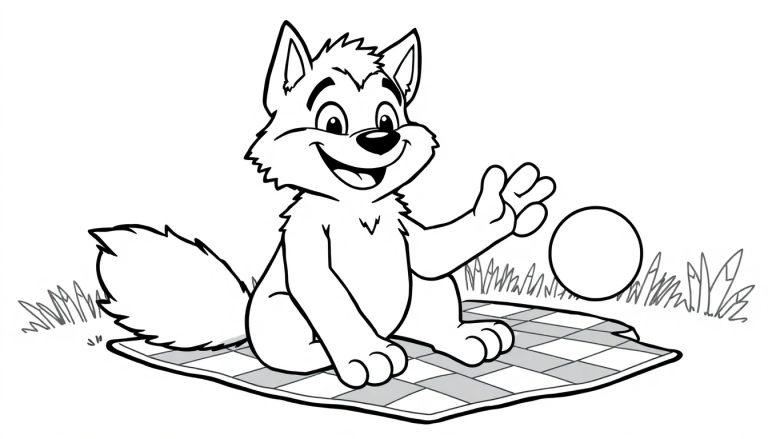 Ein freundlicher Wolf im Schwarz-Weiß-Stil spielt mit einem Ball auf einer karierten Decke. Eine Farbtafel-Vorlage.