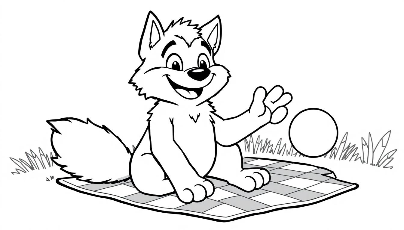 Ein freundlicher Wolf im Schwarz-Weiß-Stil spielt mit einem Ball auf einer karierten Decke. Eine Farbtafel-Vorlage.