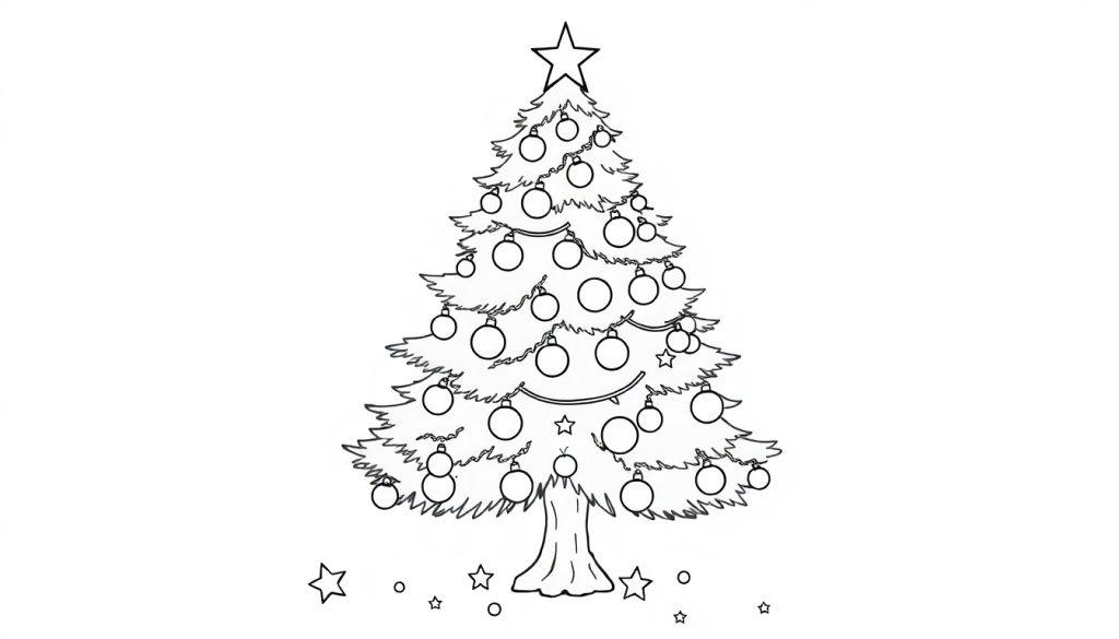 Ein Schwarz-Weiß-Weihnachtsbaum mit vielen Kugeln und Lichtern, bereit zum Ausmalen, als Farbtafel.