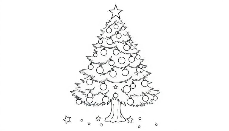 Ein Schwarz-Weiß-Weihnachtsbaum mit vielen Kugeln und Lichtern, bereit zum Ausmalen, als Farbtafel.