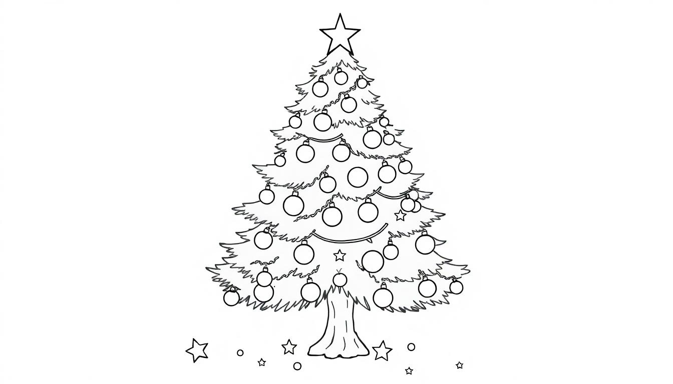 Ein Schwarz-Weiß-Weihnachtsbaum mit vielen Kugeln und Lichtern, bereit zum Ausmalen, als Farbtafel.