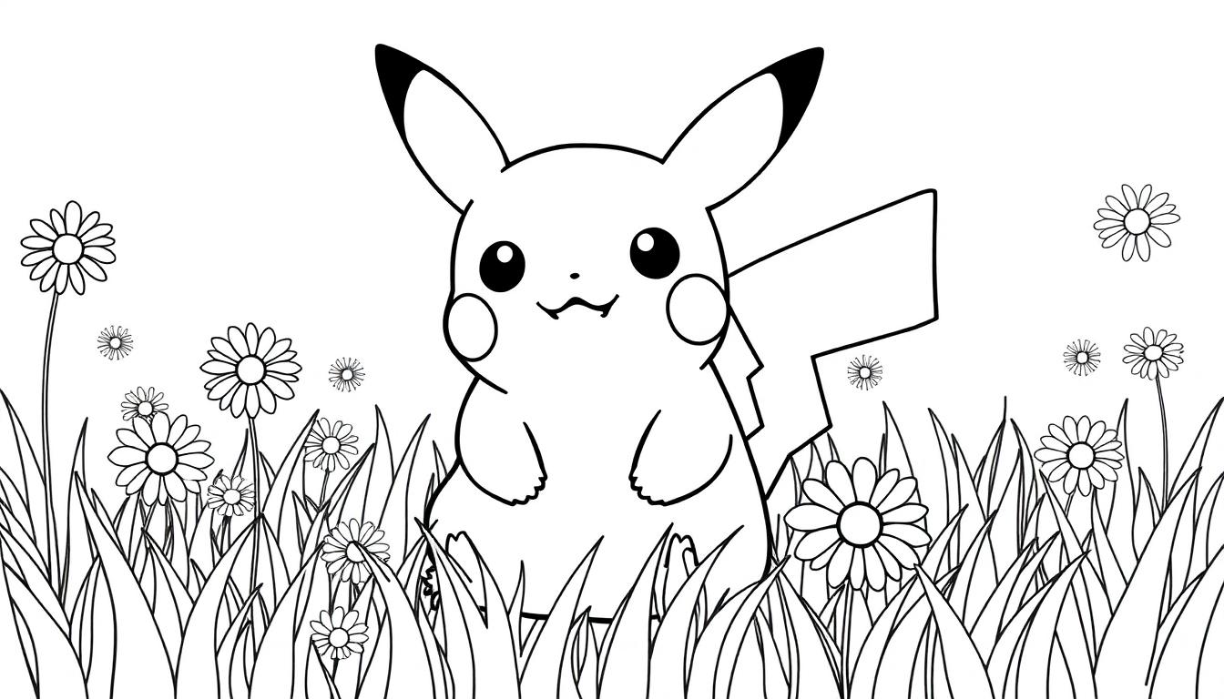 Eine schwarz-weiße Zeichnung eines Pikachu-ähnlichen Charakters in einer Wiese mit Gras und Gänseblümchen.