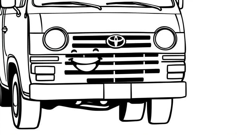 Eine schwarz-weiße Farbtafel eines lächelnden Toyota-Autos aus den 1970er Jahren, bereit zum Ausmalen.