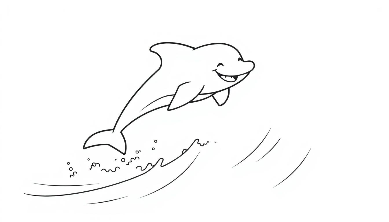 Eine Farbtafel eines lächelnden Delfins, der aus dem Wasser springt.
