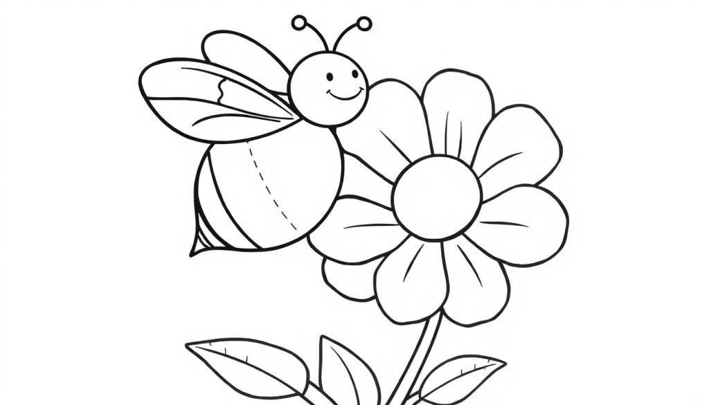 Farbtafel: Strichzeichnung einer lächelnden Biene auf einer Blume.