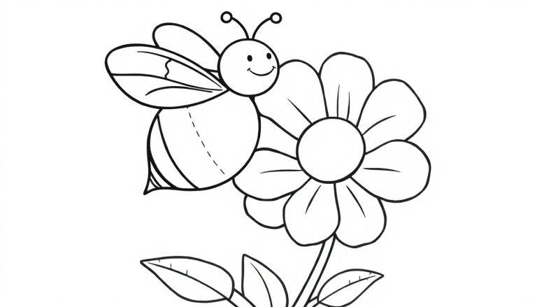 Farbtafel: Strichzeichnung einer lächelnden Biene auf einer Blume.