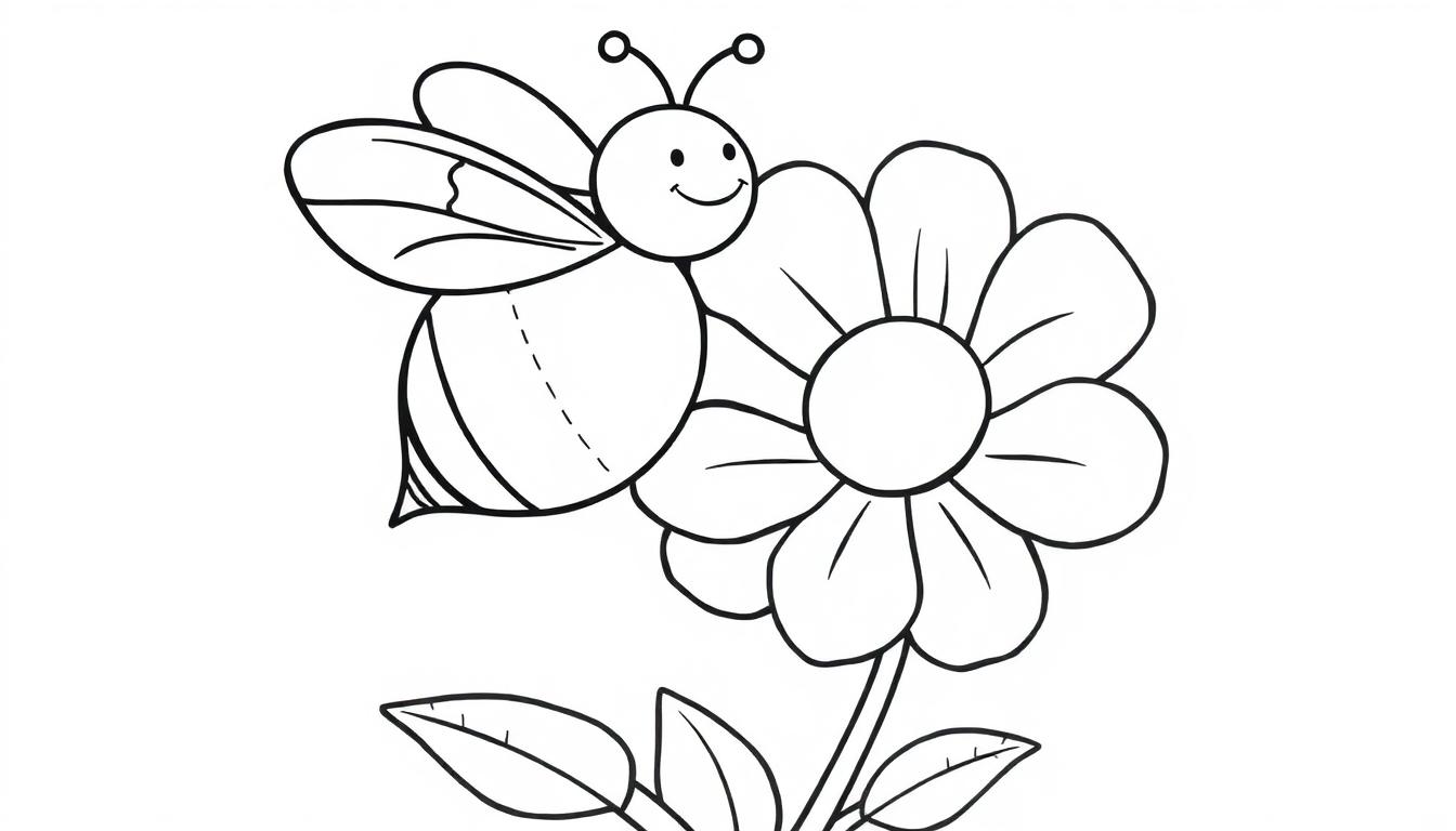 Farbtafel: Strichzeichnung einer lächelnden Biene auf einer Blume.