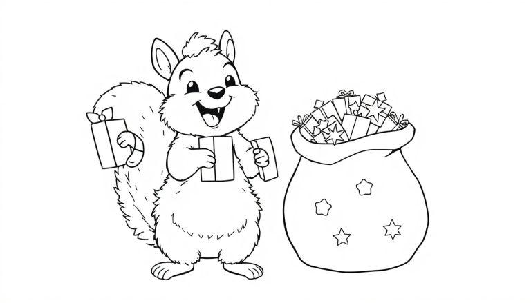 Schwarz-Weiß-Farbtafel-Ausmalbild eines niedlichen Cartoon-Eichhörnchens mit flauschigem Schwanz, das Geschenke hält.