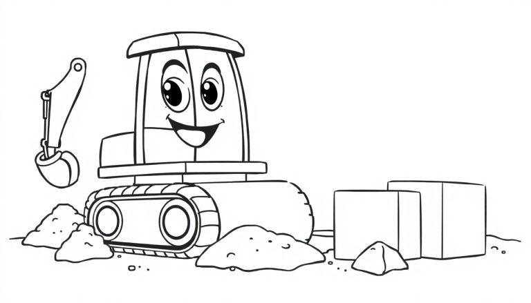 Eine niedliche, cartoonartige Farbtafel eines Baggers mit einem freundlichen Gesicht, der auf einer Baustelle steht.