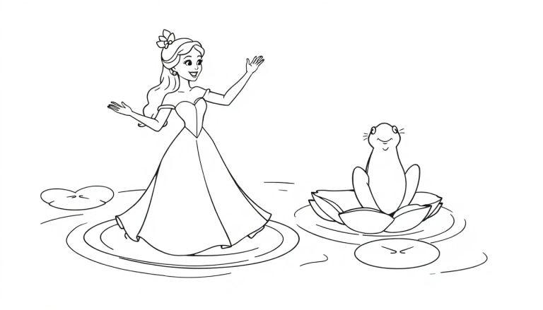 Eine schwarz-weiße Farbtafel zeigt Tiana und ihren Froschprinzen auf Seerosenblättern in einem Teich.
