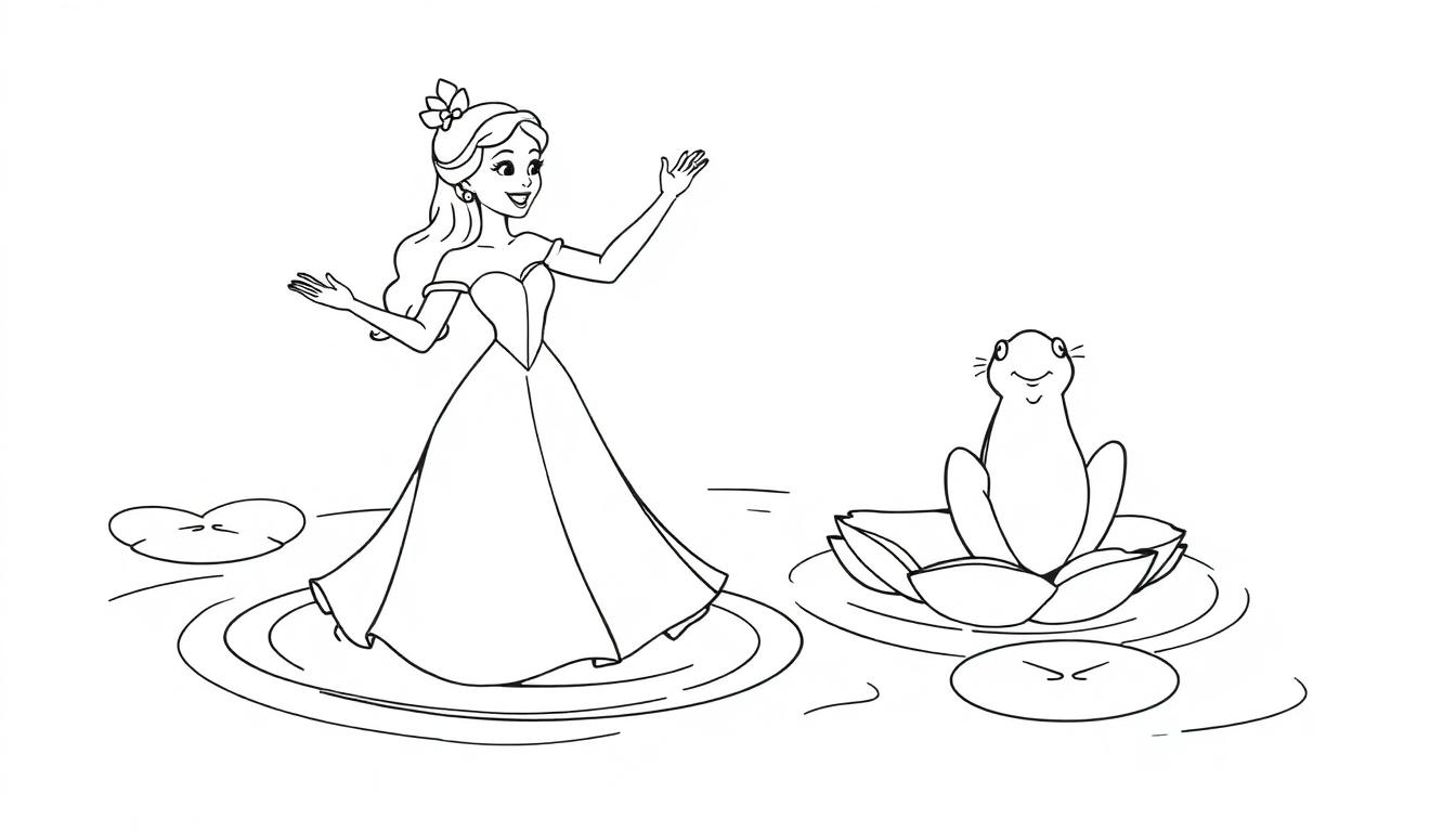 Eine schwarz-weiße Farbtafel zeigt Tiana und ihren Froschprinzen auf Seerosenblättern in einem Teich.