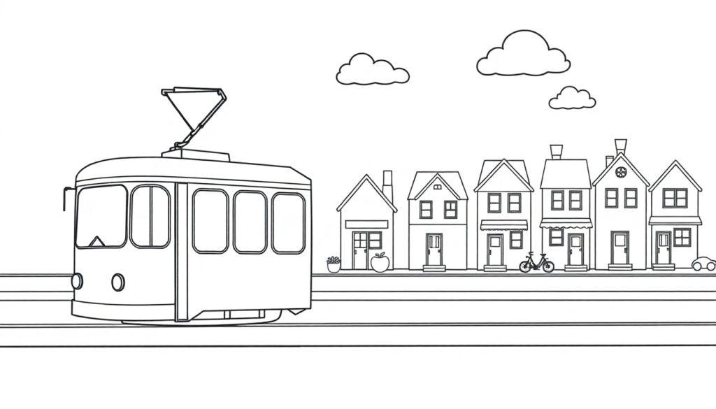 Eine Schwarz-Weiß-Farbtafel einer Stadt mit einer Straßenbahn und Häusern.