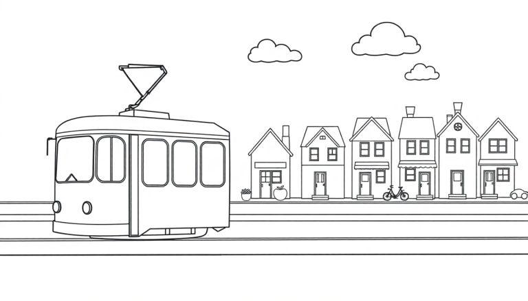 Eine Schwarz-Weiß-Farbtafel einer Stadt mit einer Straßenbahn und Häusern.