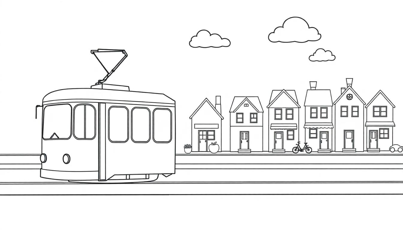 Eine Schwarz-Weiß-Farbtafel einer Stadt mit einer Straßenbahn und Häusern.