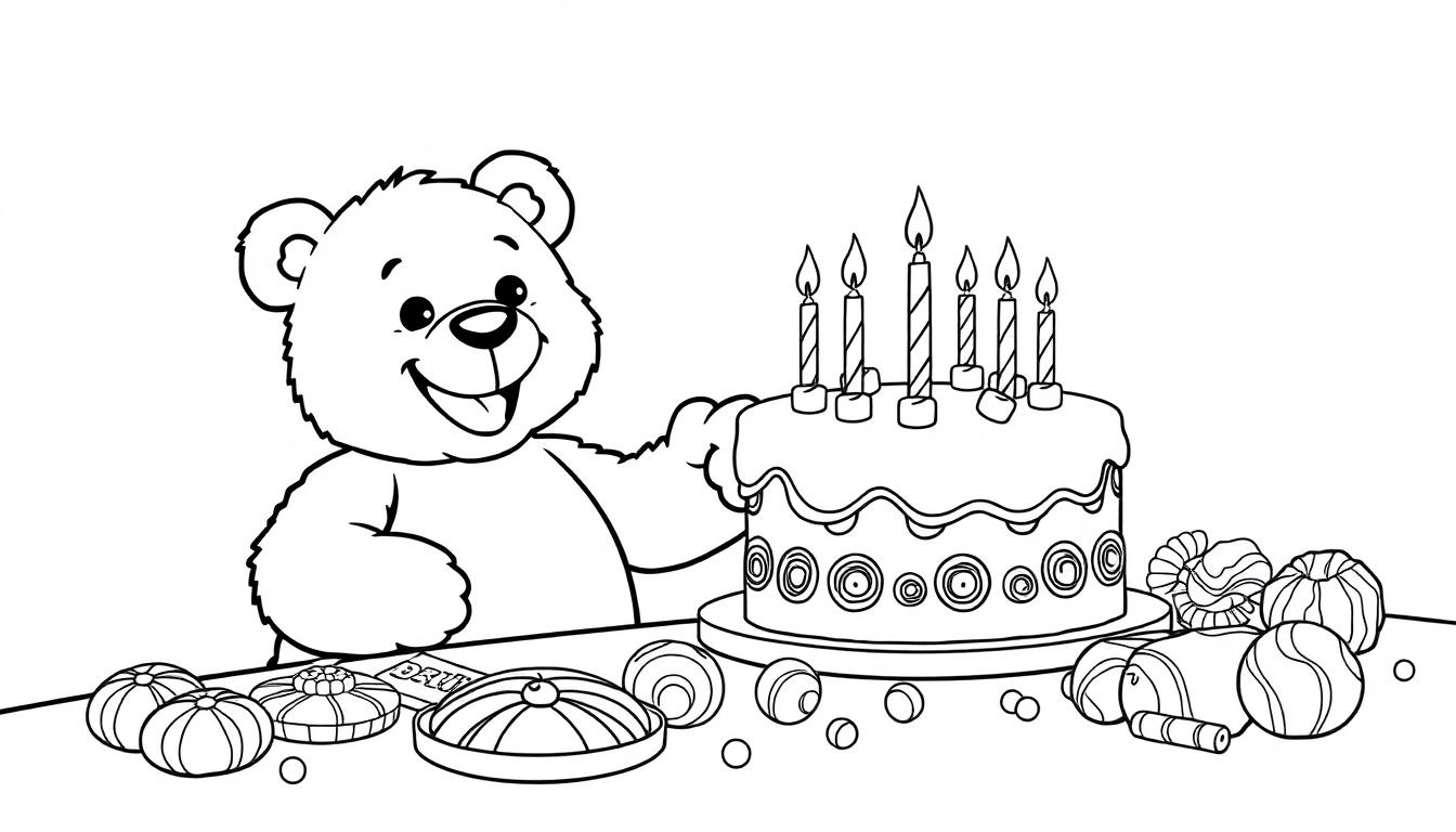 Ein Teddybär mit einem Lächeln steht neben einem mehrstöckigen Geburtstagskuchen mit Kerzen und Süßigkeiten.