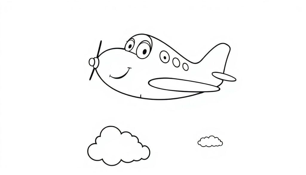Ein Cartoon-Flugzeug im Schwarz-Weiß-Stil, das über Wolken fliegt – eine Farbtafel für Kinder.
