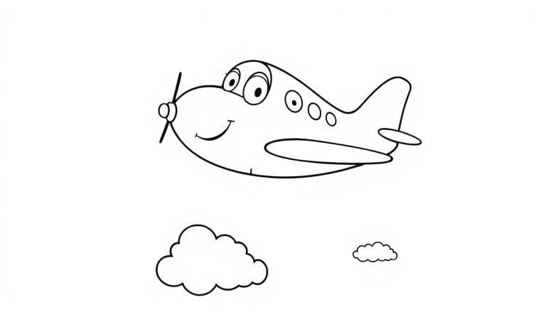 Ein Cartoon-Flugzeug im Schwarz-Weiß-Stil, das über Wolken fliegt – eine Farbtafel für Kinder.
