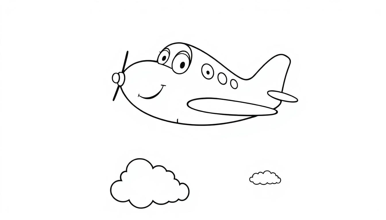 Ein Cartoon-Flugzeug im Schwarz-Weiß-Stil, das über Wolken fliegt – eine Farbtafel für Kinder.