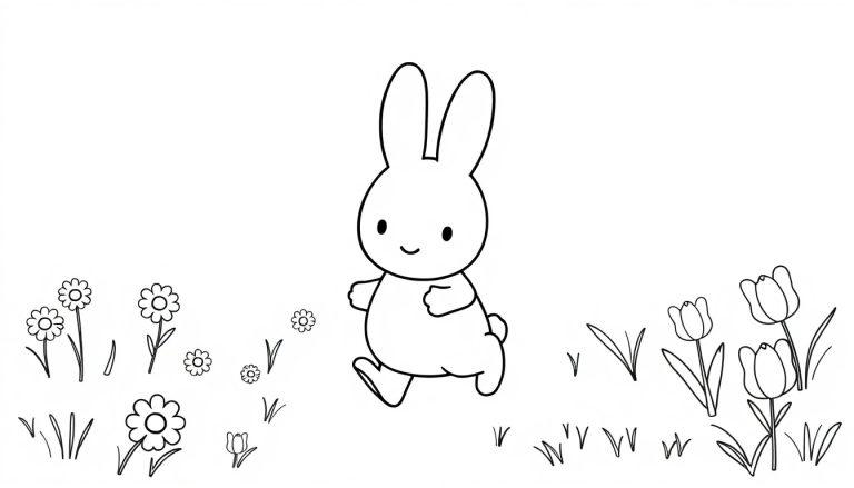 Eine Schwarz-Weiß-Farbtafel mit Miffy, dem Hasen, der durch eine Blumenwiese hoppelt.