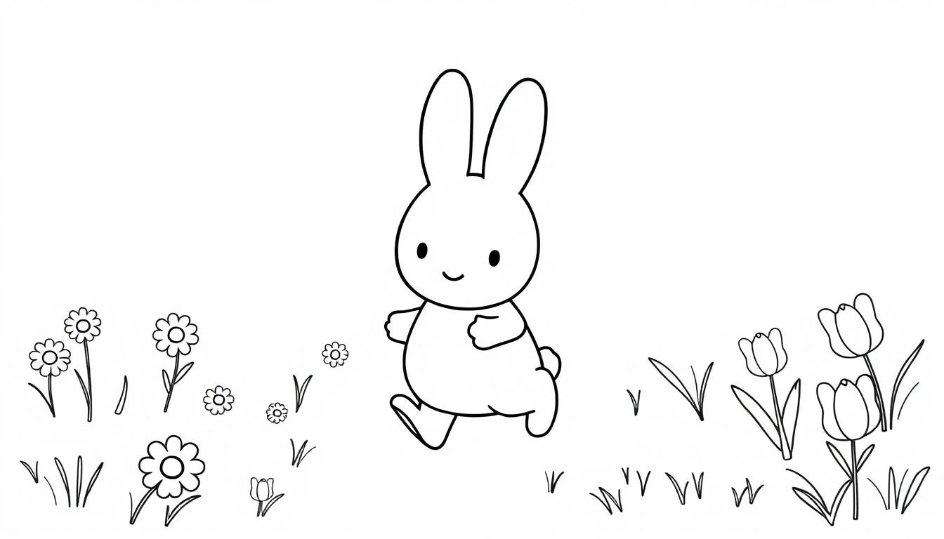 Eine Schwarz-Weiß-Farbtafel mit Miffy, dem Hasen, der durch eine Blumenwiese hoppelt.