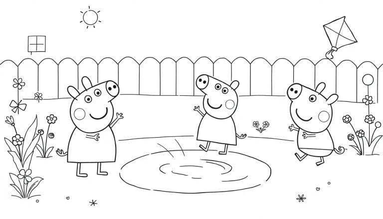 Peppa Wutz und Freunde in einer Schwarz-Weiß-Farbtafel-Szene im Garten, beim Spielen in Schlammpfützen.