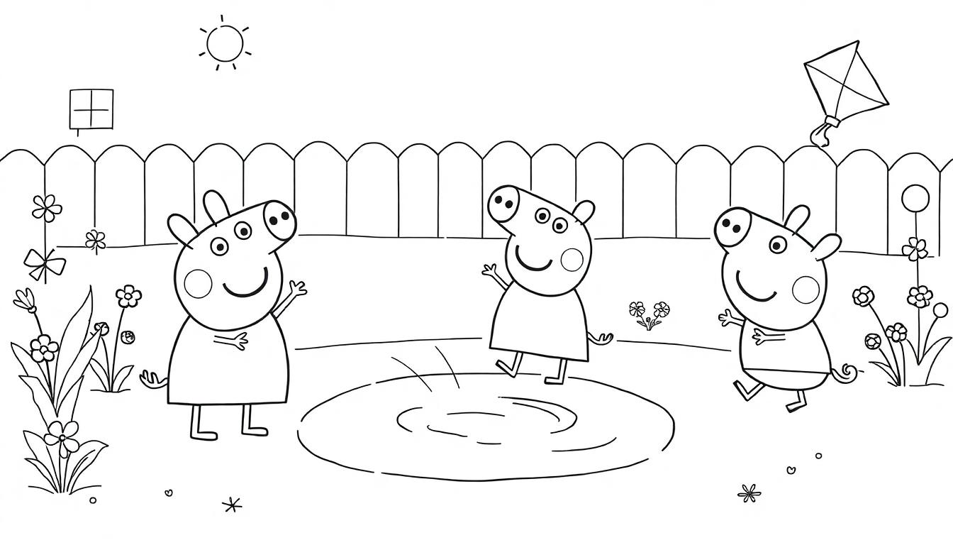 Peppa Wutz und Freunde in einer Schwarz-Weiß-Farbtafel-Szene im Garten, beim Spielen in Schlammpfützen.
