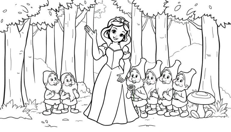 Schwarz-Weiß-Farbtafel: Schneewittchen und die sieben Zwerge im Wald.