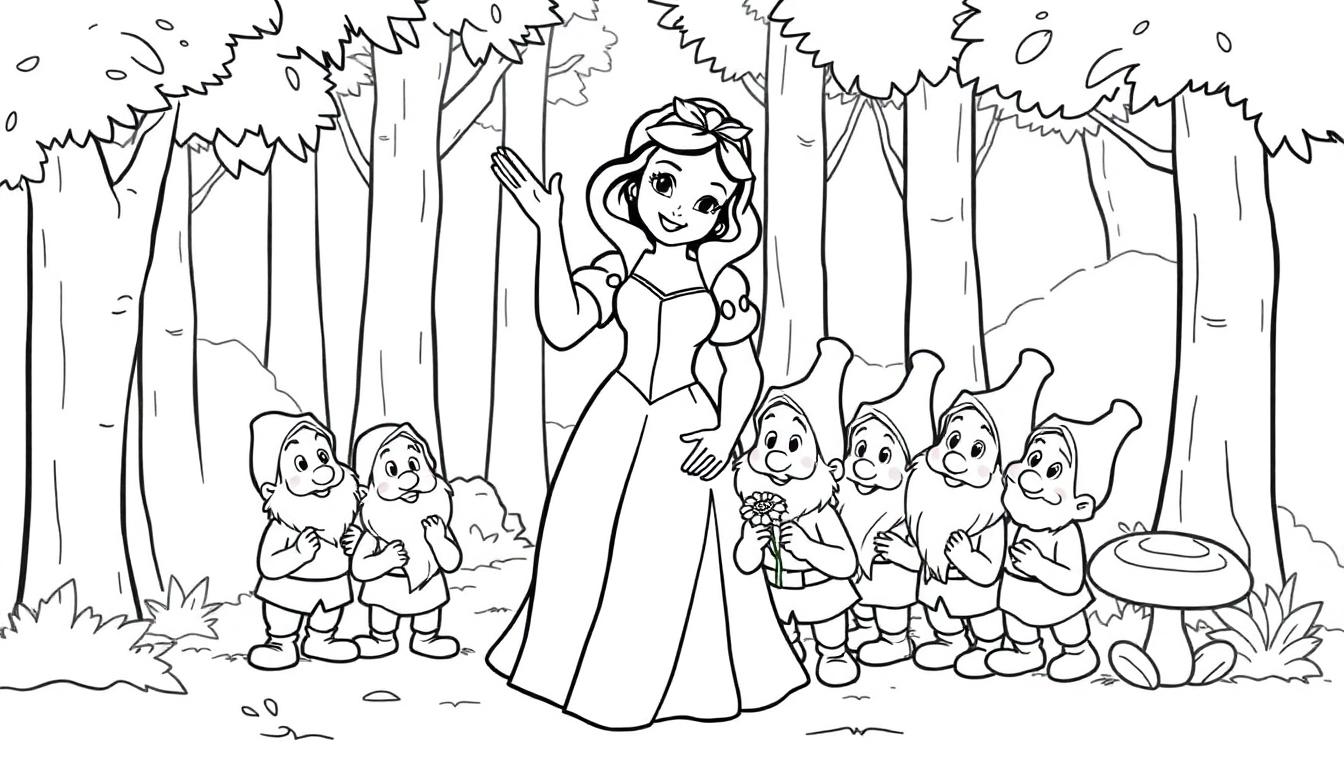 Schwarz-Weiß-Farbtafel: Schneewittchen und die sieben Zwerge im Wald.
