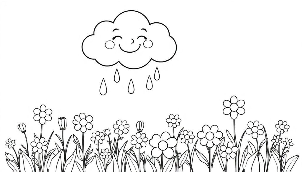 Eine lachende Regenwolke regnet auf eine bunte Blumenwiese, bereit zum Ausmalen als Farbtafel.