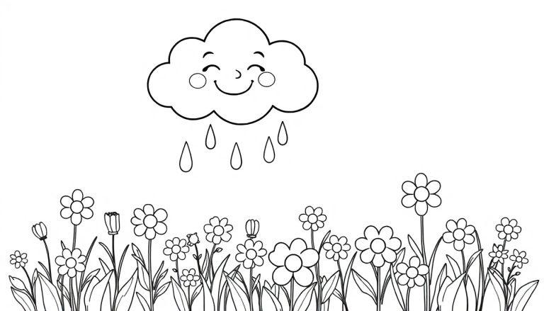 Eine lachende Regenwolke regnet auf eine bunte Blumenwiese, bereit zum Ausmalen als Farbtafel.