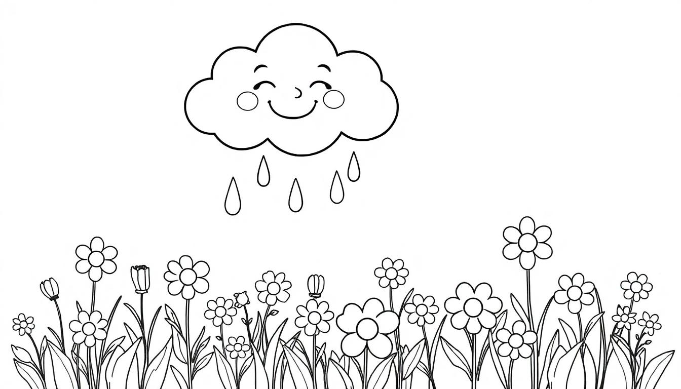 Eine lachende Regenwolke regnet auf eine bunte Blumenwiese, bereit zum Ausmalen als Farbtafel.