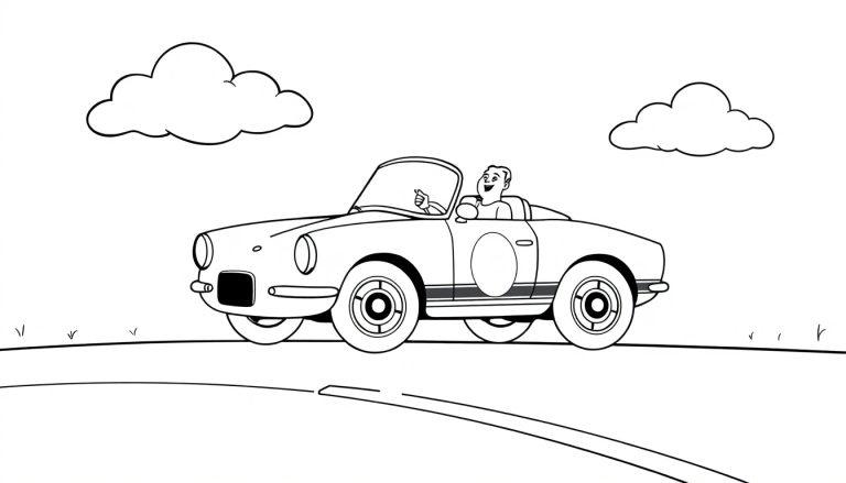Eine Schwarz-Weiß-Farbtafel eines süßen, kleinen Alfa Romeo Rennwagens mit einem winkenden Fahrer auf einer offenen Straße.